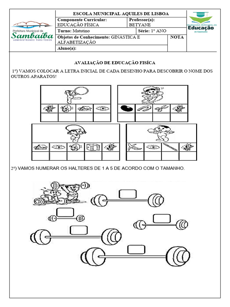 Avaliação de Educação Física 1° ano GINÁSTICA | PDF