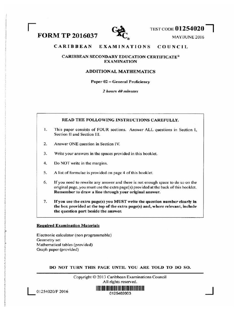 CSEC Add Maths May - June 2016 Paper 2 | PDF