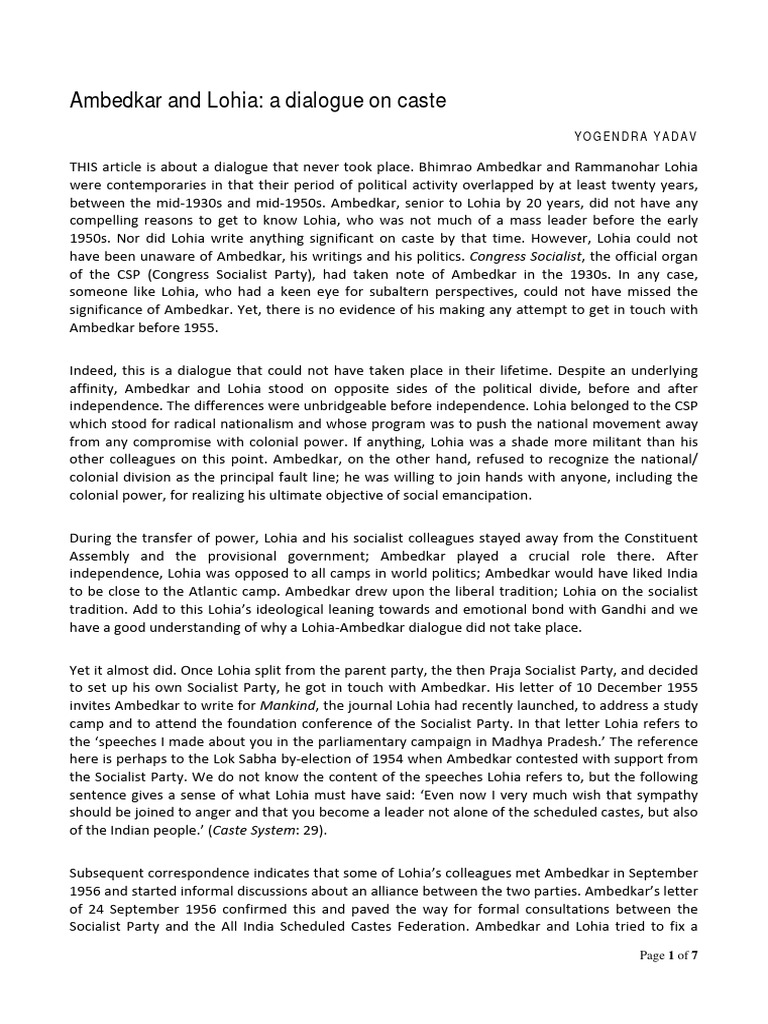 Ambedkar and Lohia on Caste Dynamics | PDF | Dalit | Caste