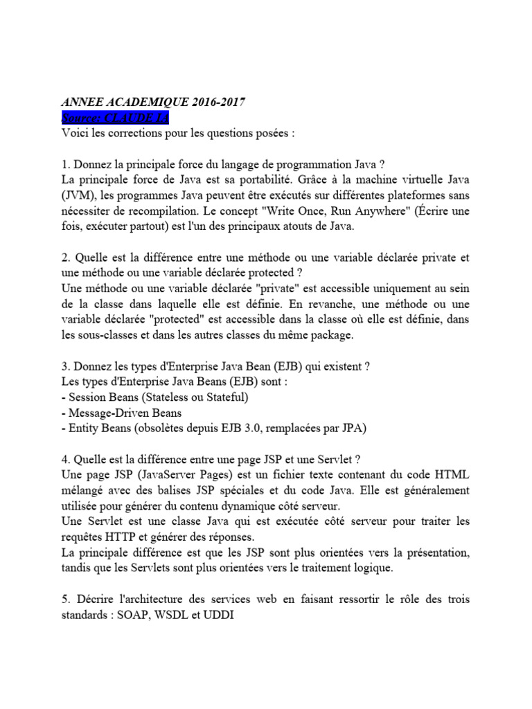 Questions et réponses sur Java EE 2016-2021 | PDF | Java (Langage de ...