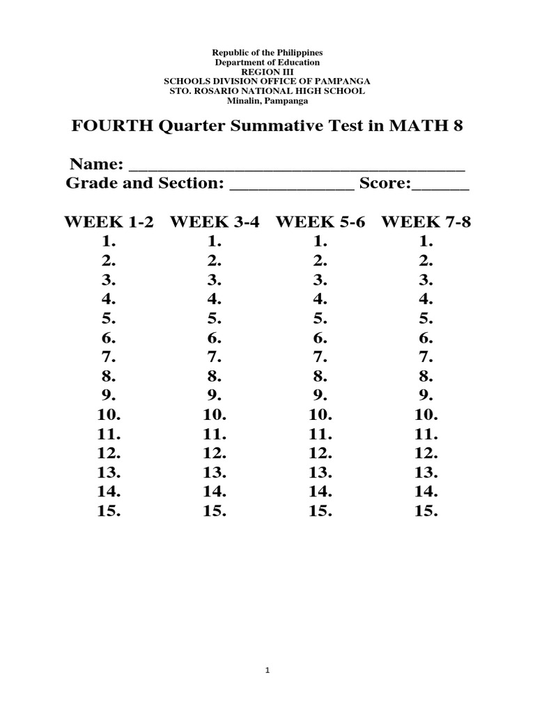 Math 8 Quarter 4 Summative Test | PDF | Perpendicular | Euclidean Geometry
