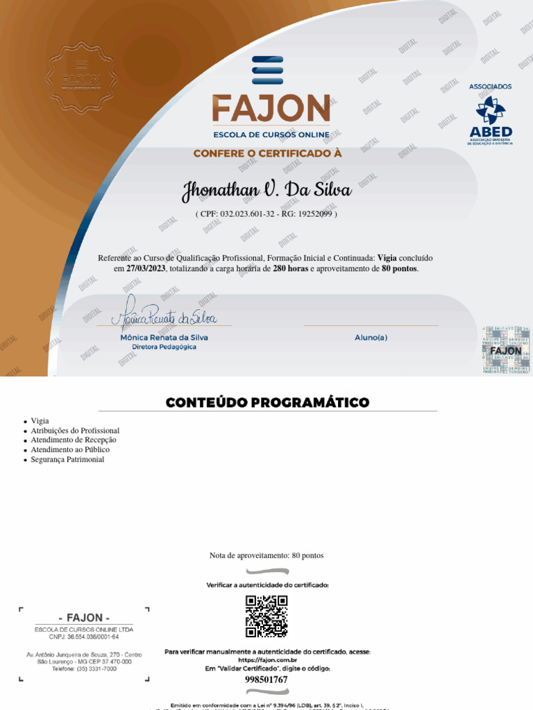 Certificado de Vigia - Fajon 2023 | PDF