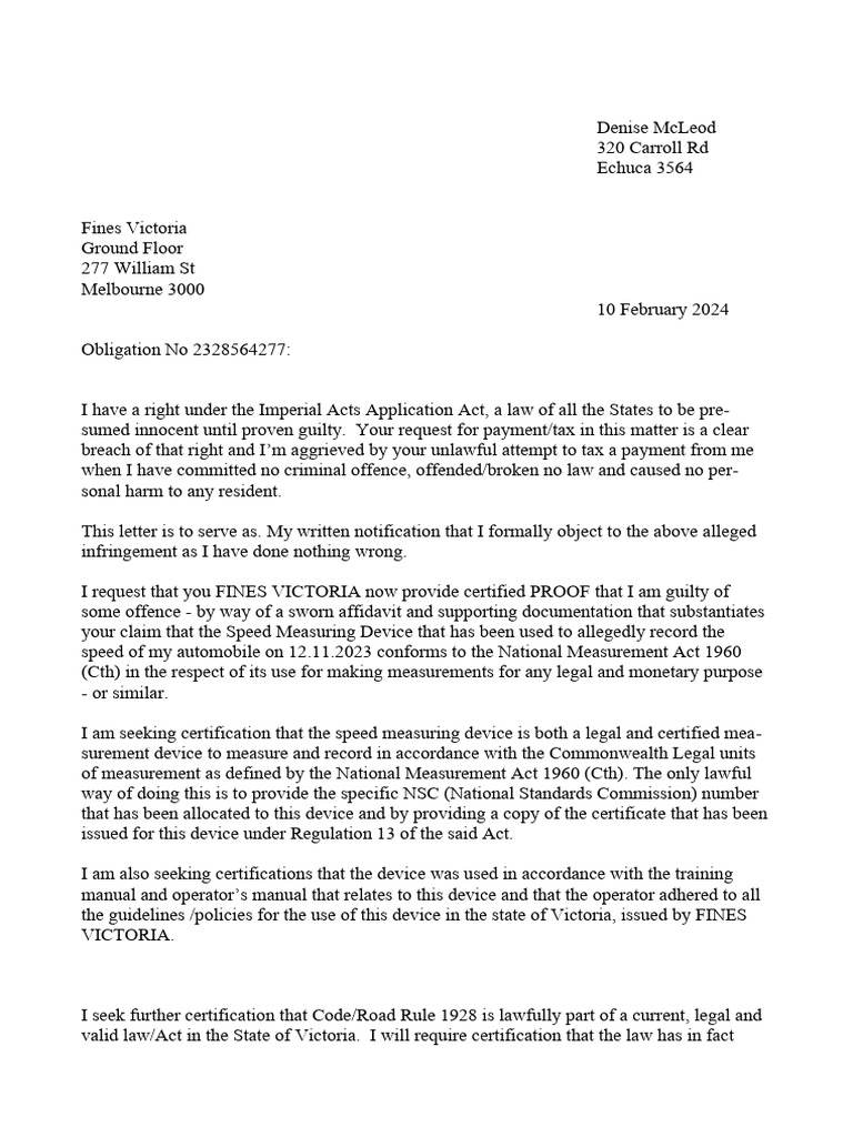 Objection to Speed Camera Fine | PDF | Australian Dollar | Crimes