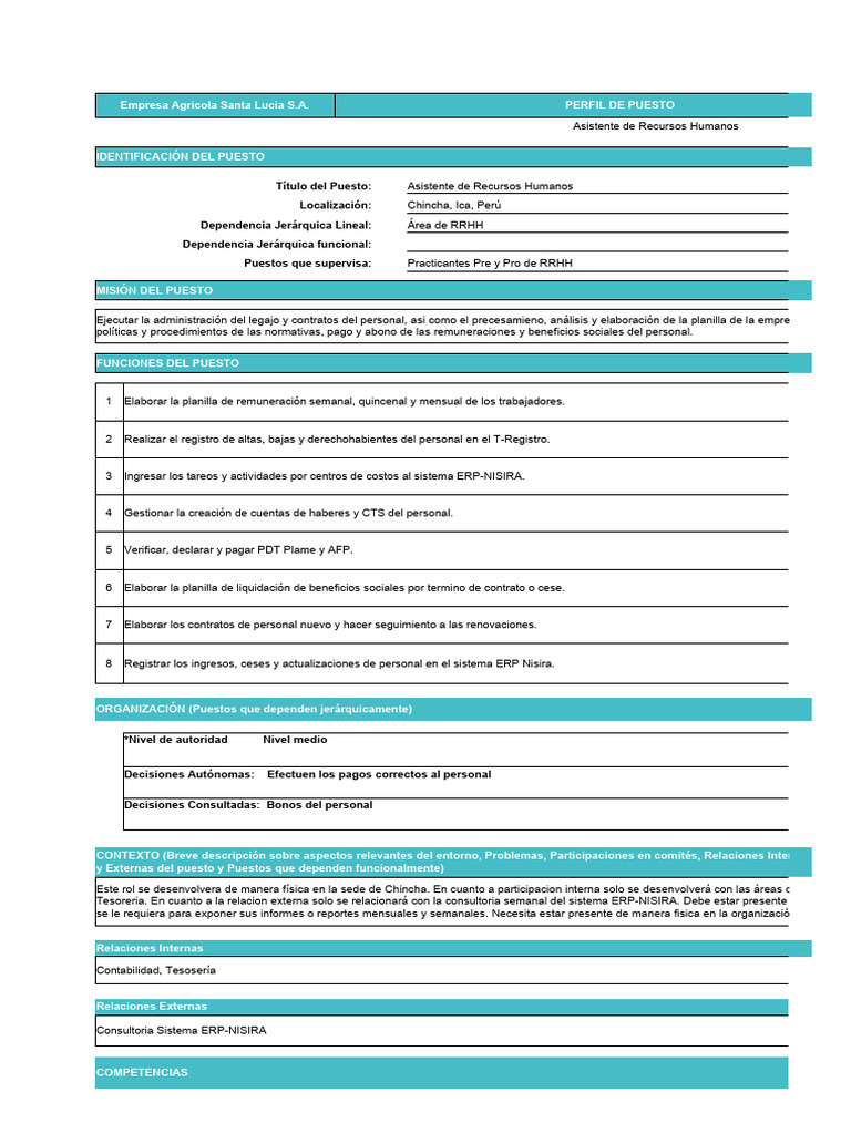 Descripción Del Puesto Asistente de RRHH - G1 | PDF | Gestión de ...