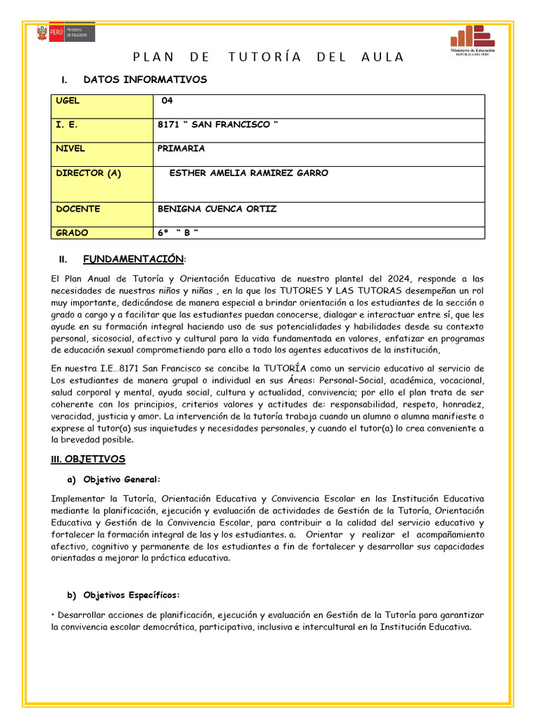 Plan de Tutoria 2024 | PDF | Maestros | Aprendizaje