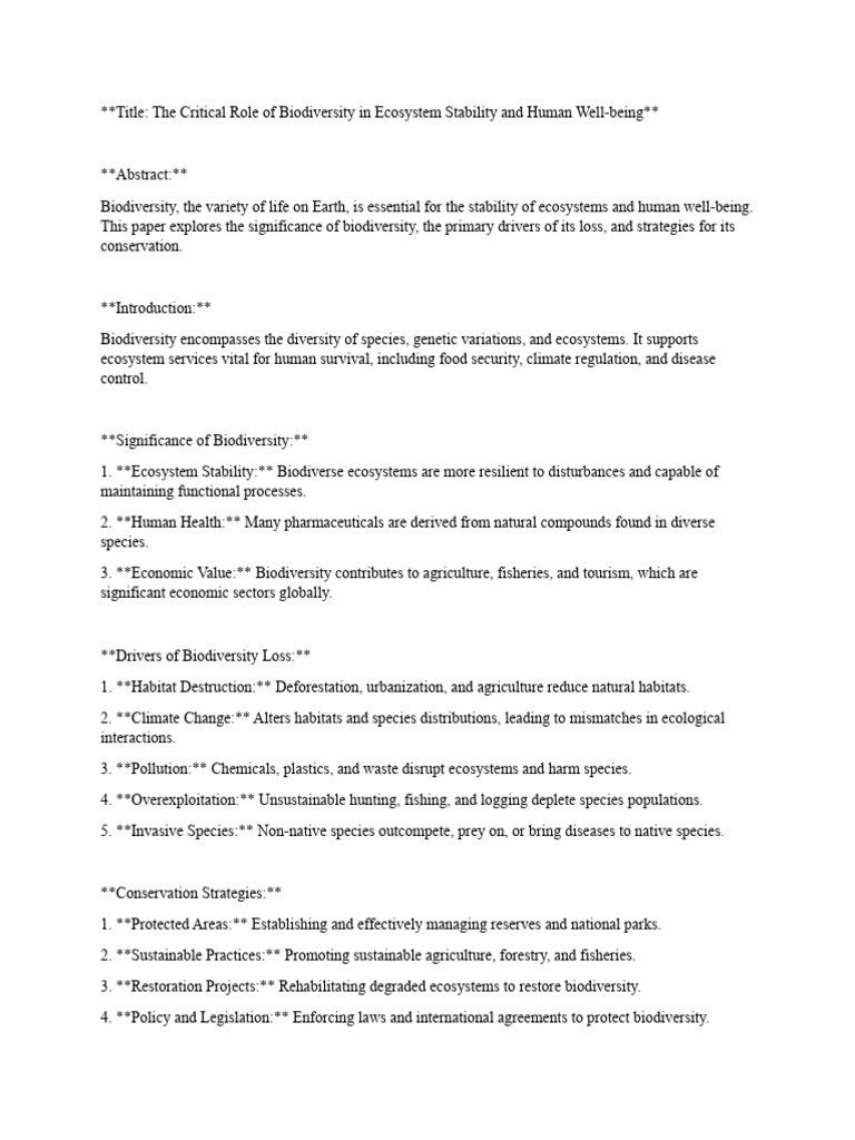 The Critical Role of Biodiversity in Ecosystem Stability and Human Well ...
