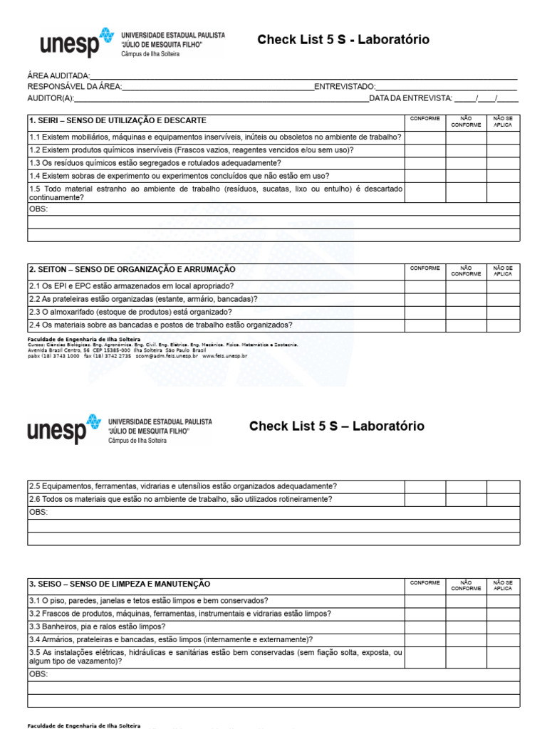 Check List de Laboratorio - Paisagem 1 | PDF | Laboratórios | Engenharia