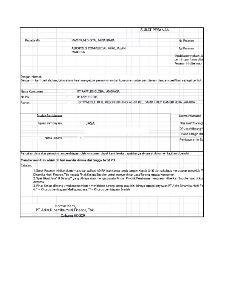 Surat Pesanan Jasa PT Raffles Global Angkasa | PDF