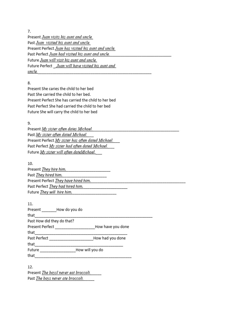 Verb Tense Practice Exercises | PDF | Perfect (Grammar) | Language ...
