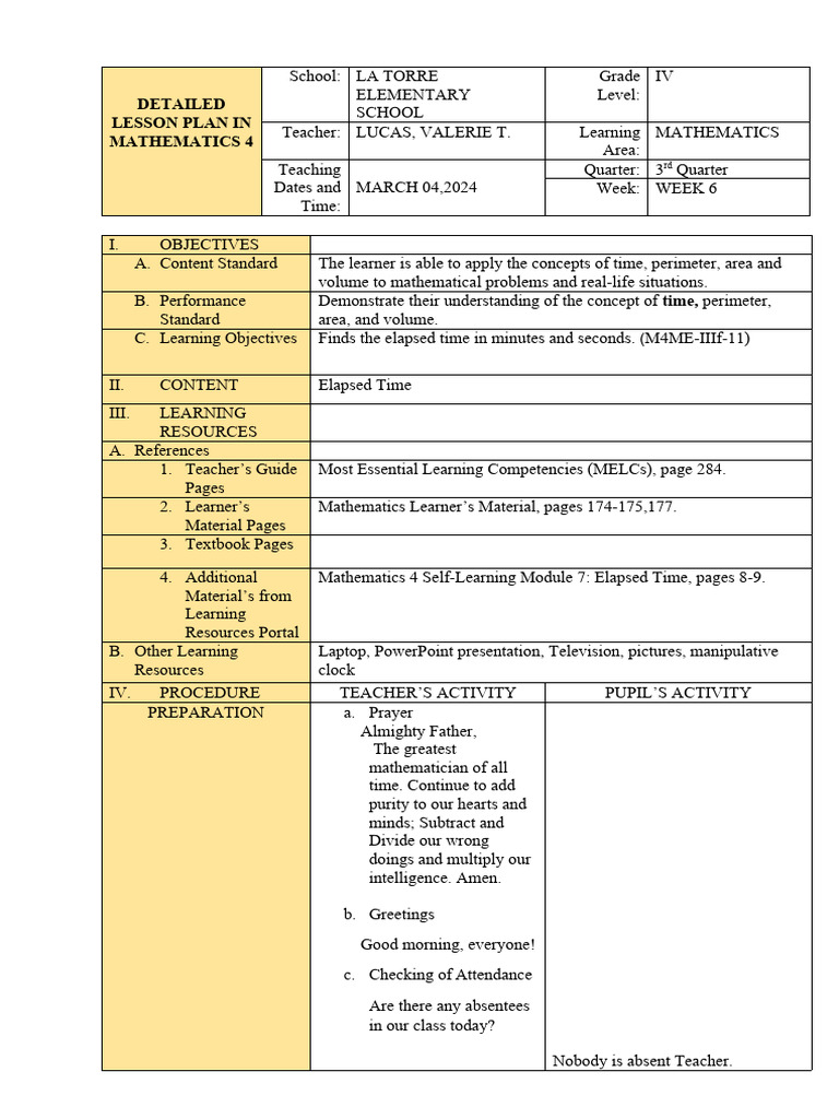 Grade 4 Math Lesson Plan: Elapsed Time | PDF | Mathematics | Learning