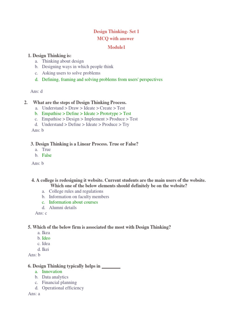 Design Thinking Process MCQs and Answers | PDF | Design Thinking ...