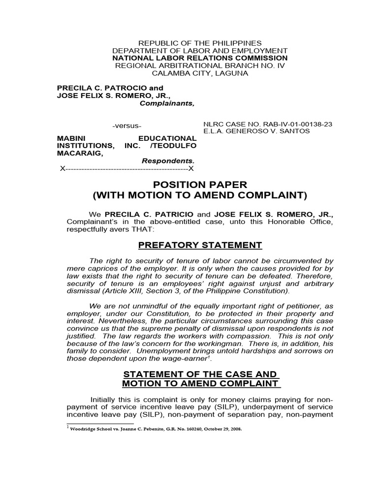 Position Paper Patricio and Romero Vs MEII | PDF | Employment | Labour Law