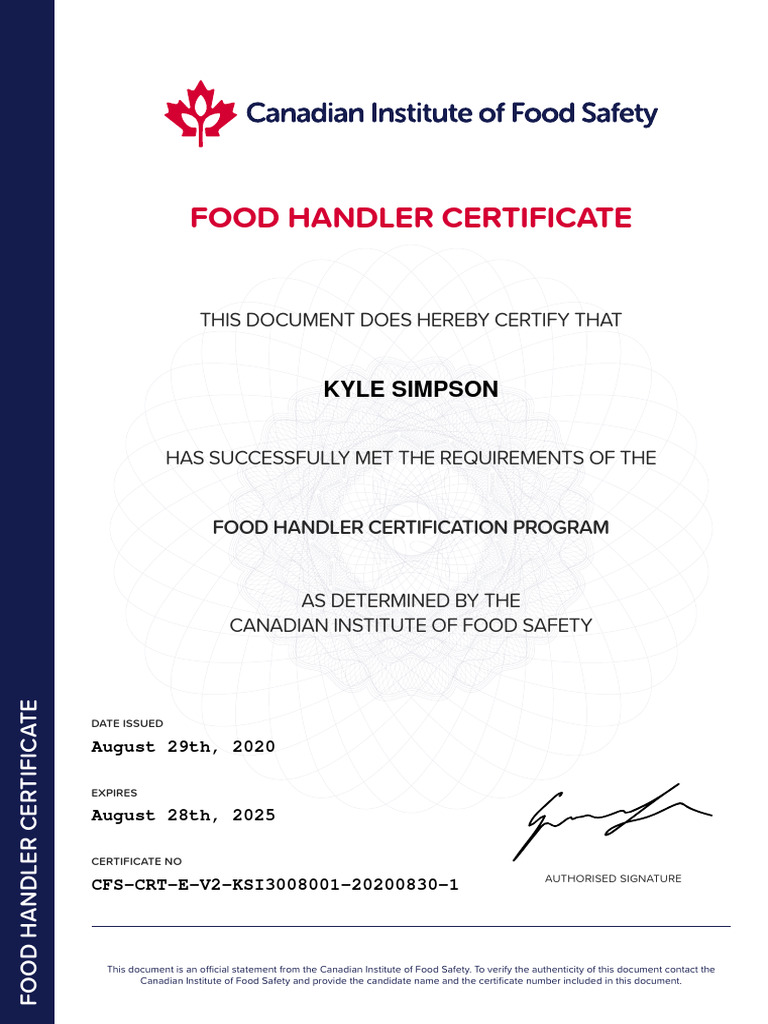 Kyle Simpson Food Handling Certificate PDF
