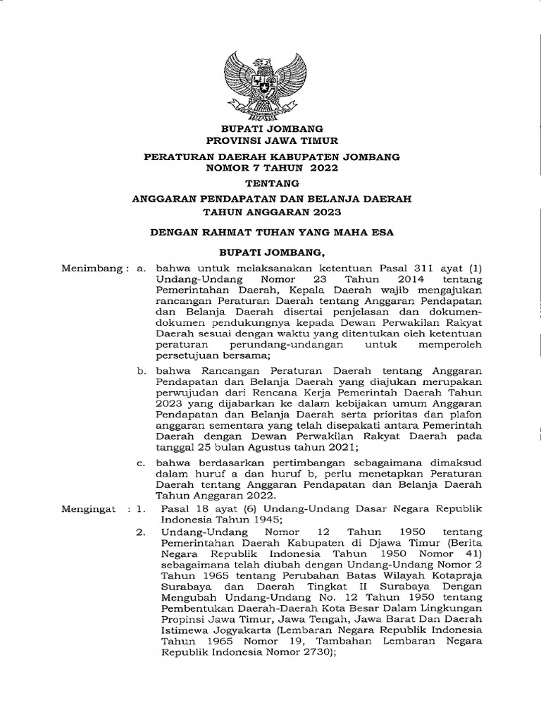 Perda Nomor 7 Tahun 2023 Tentang APBD Tahun Anggaran 2023 | PDF