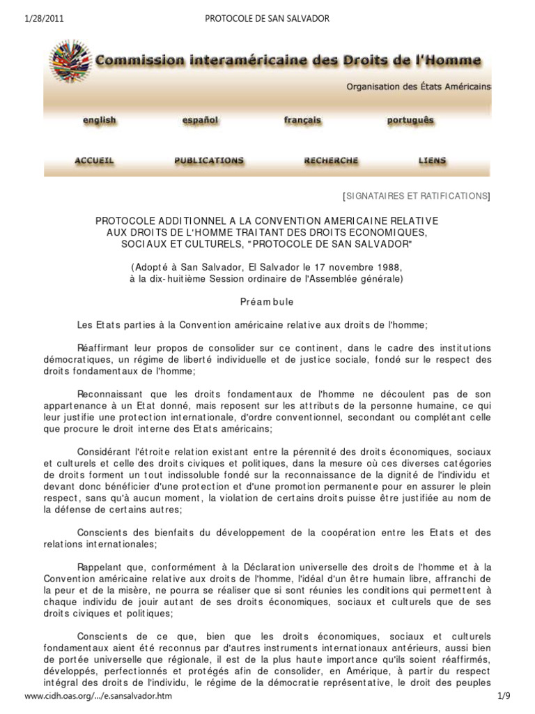 Protocole de San Salvador sur les droits humains | PDF | Convention ...