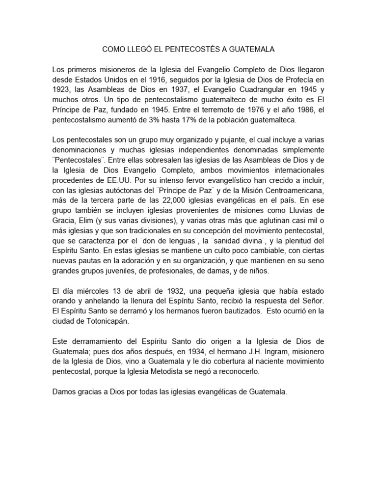 Historia del Pentecostalismo en Guatemala | PDF | Religión y espiritualidad