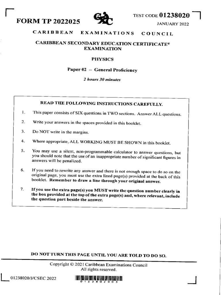 Csec physics jan 2022 paper 2 pdf