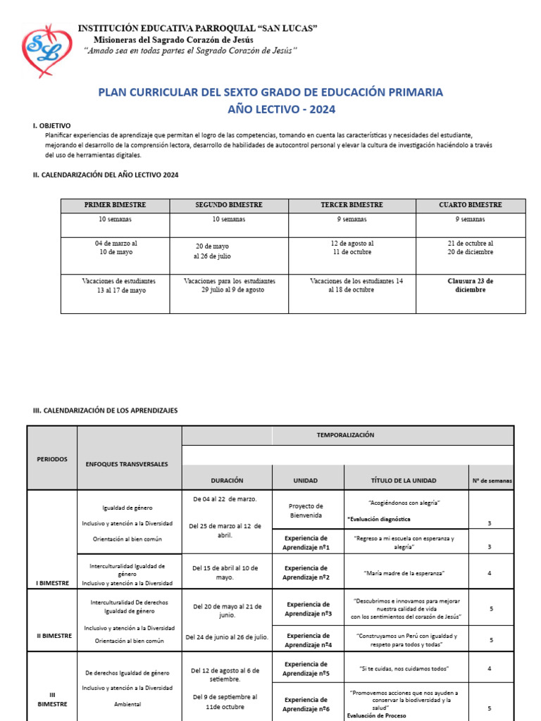 Matriz de Plan Curricular - Sexto Grado de Primaria - 2024 | PDF ...