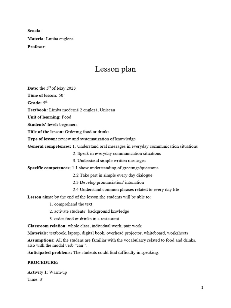 5th Grade English Lesson: Ordering Food | PDF | Lesson Plan | Reading ...