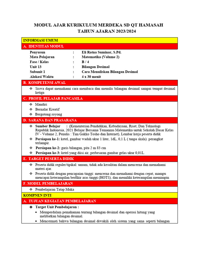Modul Ajar Pecahan Desimal Pdf