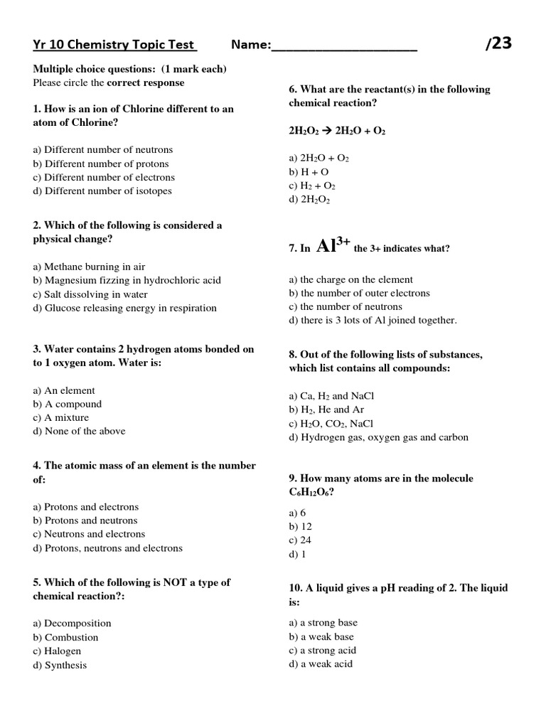 Year 10 PRE TEST Topic Test - Docx.cleaned | PDF | Chemistry | Proton