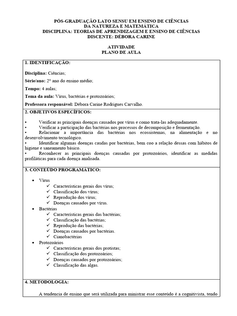 Ficha Da Atividade Plano de Aula | PDF | Vírus | Bactérias