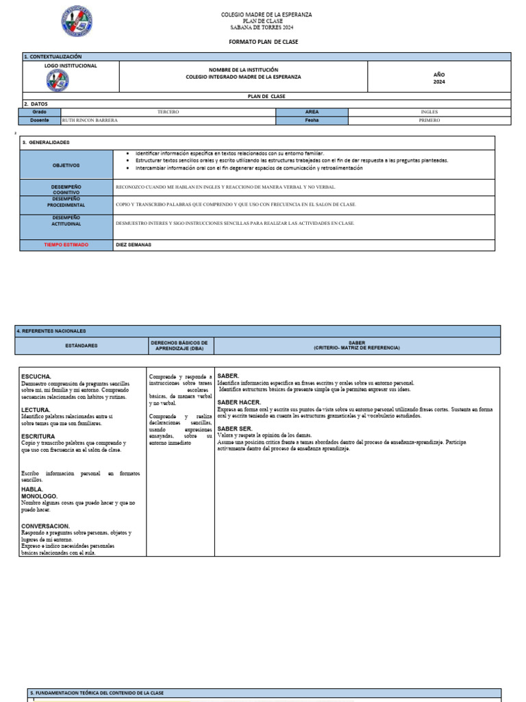 Plan De Clase 1de Ingles 2024 Pdf Aprendizaje