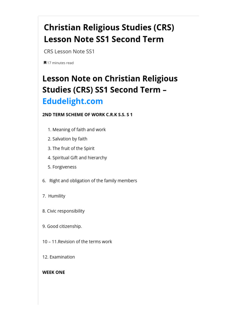 CRS SS1 Second Term Lesson Notes | PDF | Salvation | Humility