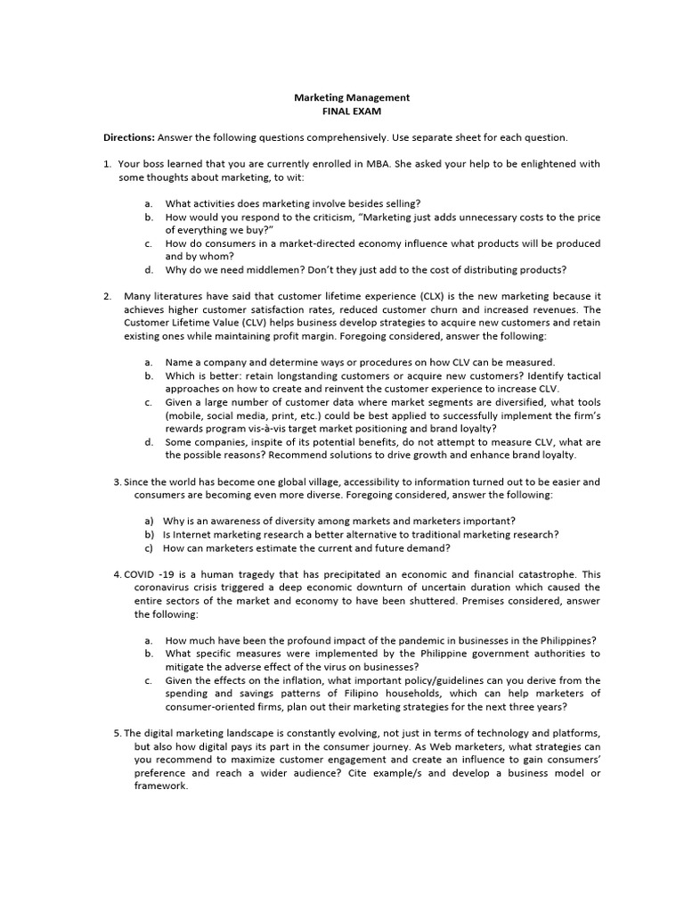 Marketing Management Final Exam Pdf Marketing Digital Marketing