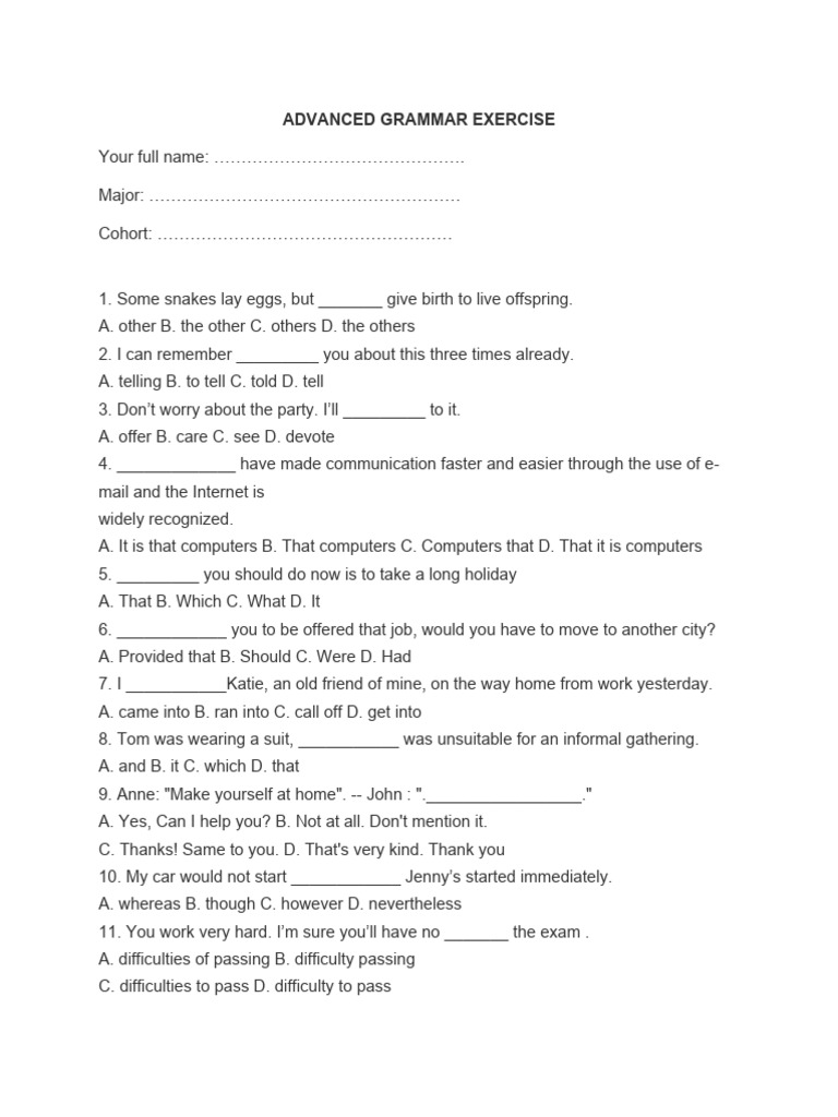 Advanced Grammar Exercise | PDF