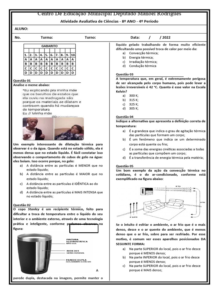 Atividades sobre Calor e Temperatura 7º Ano | PDF | Calor | Temperatura