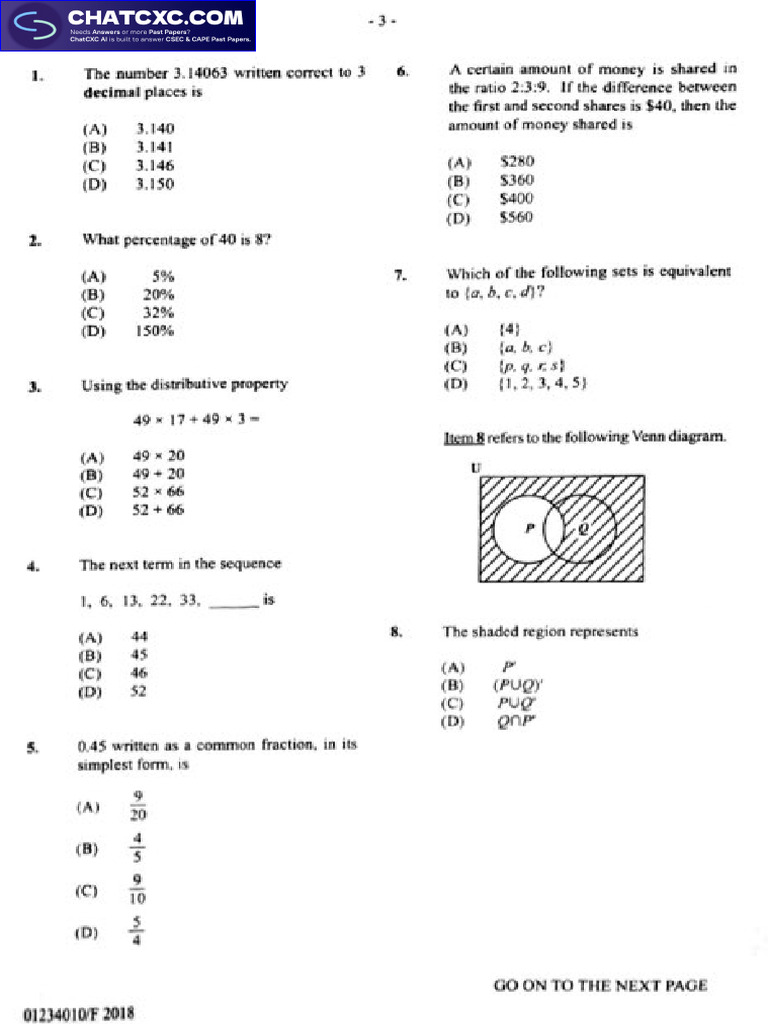 CSEC Mathematics P1 2018 | PDF