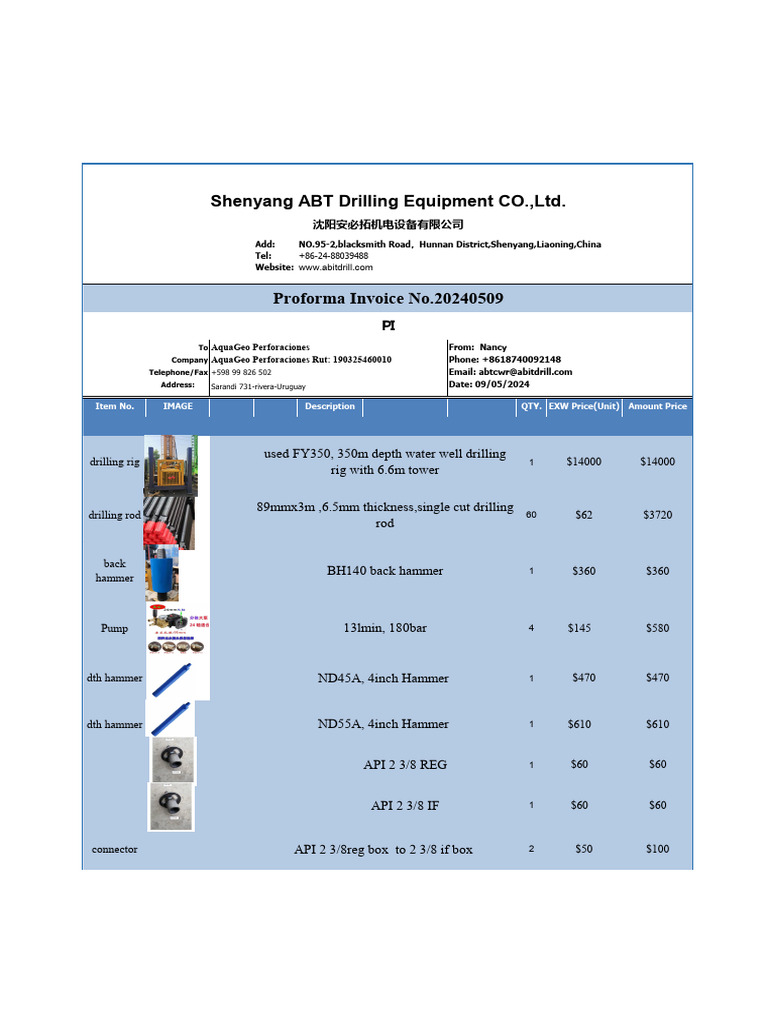 Proforma Invoice for Drilling Equipment | PDF