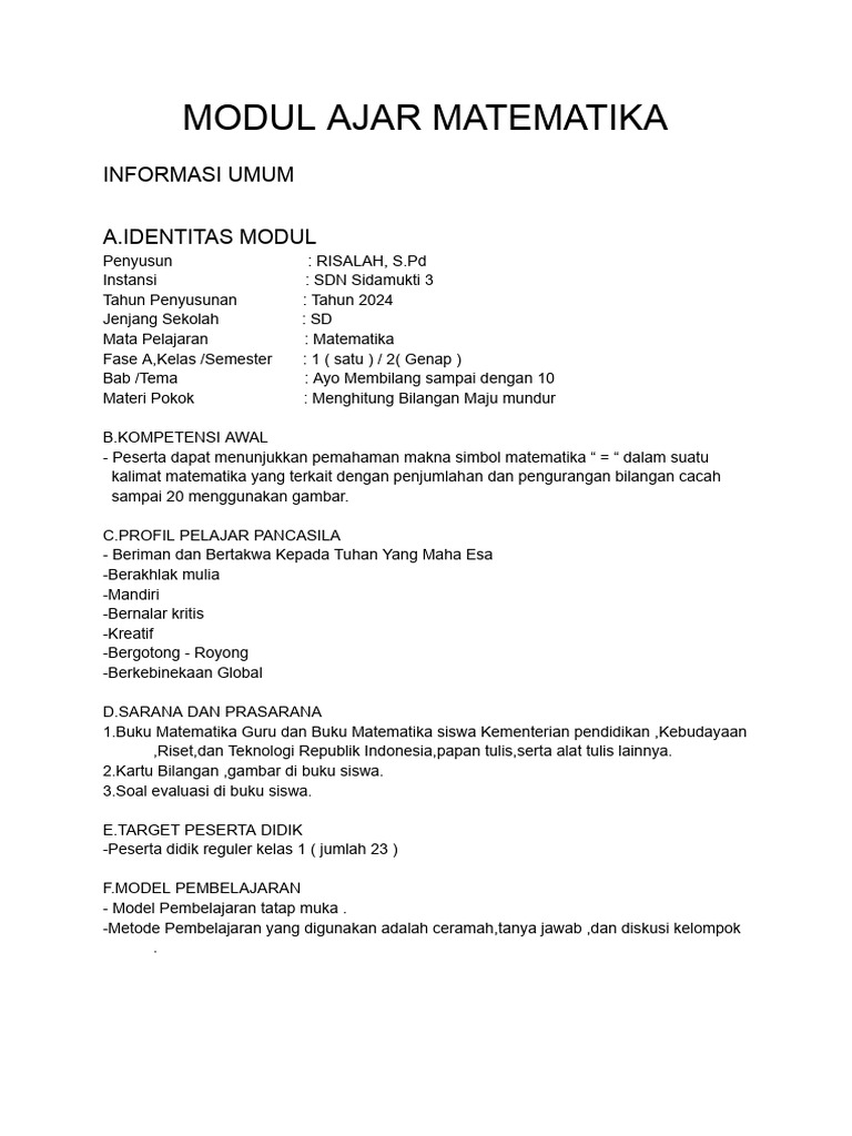 Modul Ajar Matematika Kelas 1 Semester 2 | PDF