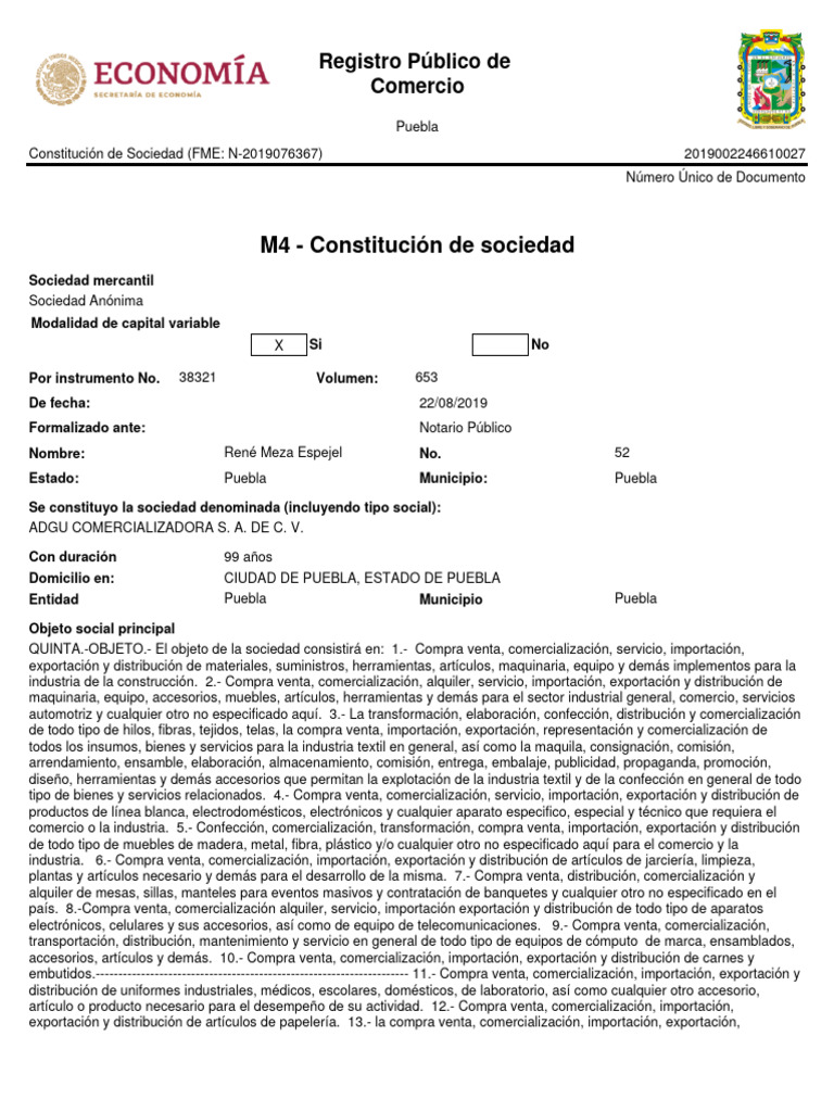 Constitución de ADGU COMERCIALIZADORA S.A. de C.V. | PDF | aduana | México
