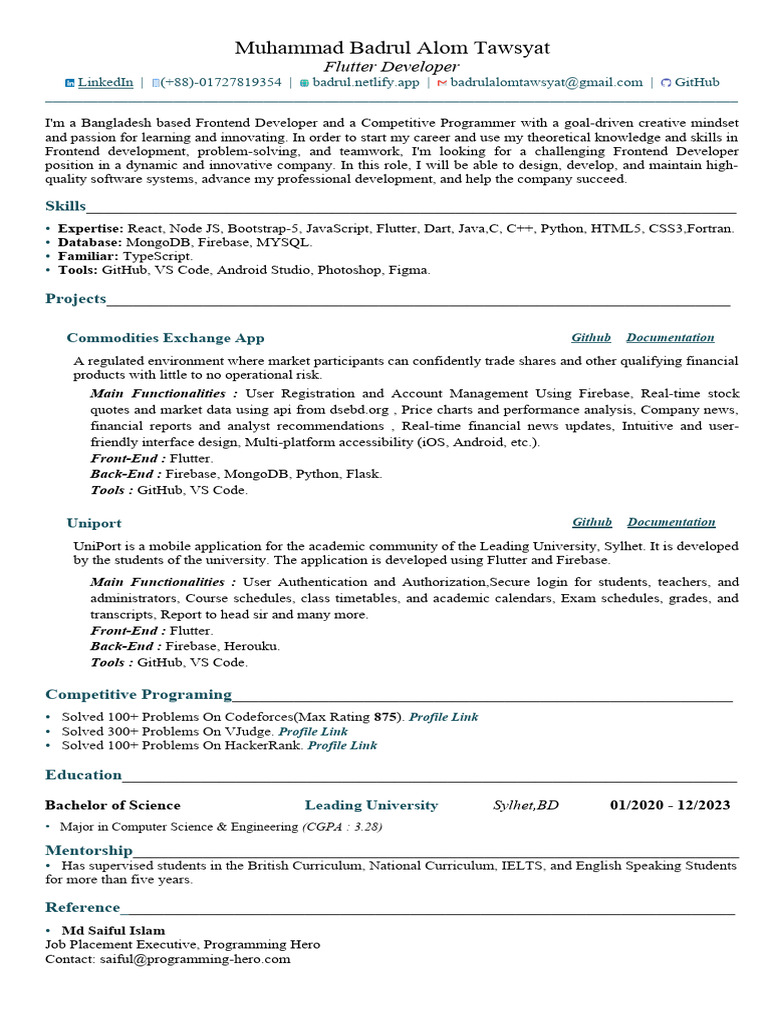 Flutter Developer Resume - Muhammad Tawsyat | PDF | Mobile App ...