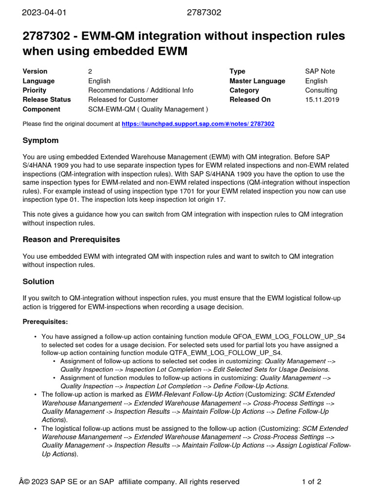 Ewm qm integration consulting note pdf quality management