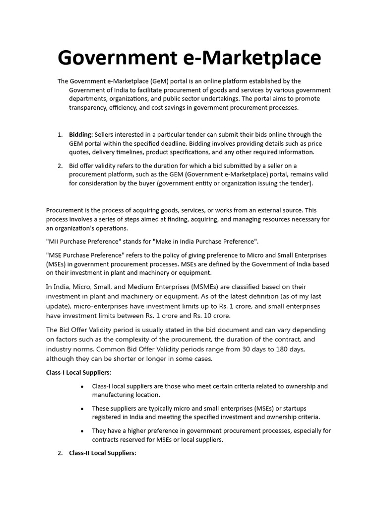 Government EMarketplace ClassI Local Suppliers PDF Procurement Economies