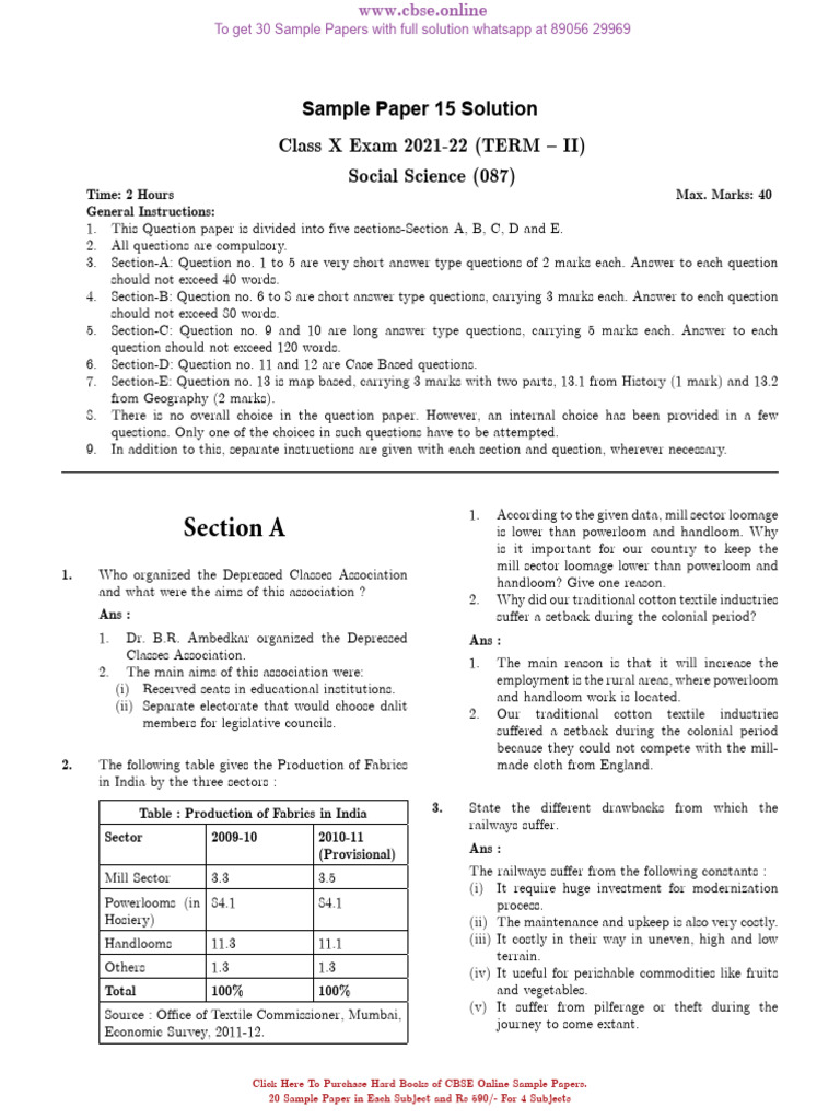 CBSE Class X Social Science Sample Paper 15 Solutions | PDF | Democracy ...