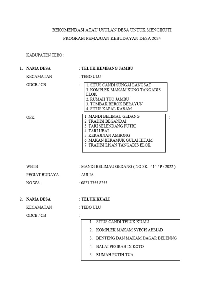 Usulan Desa Program Pemajuan Kebudayaan Desa 2024 Kab. Tebo | PDF