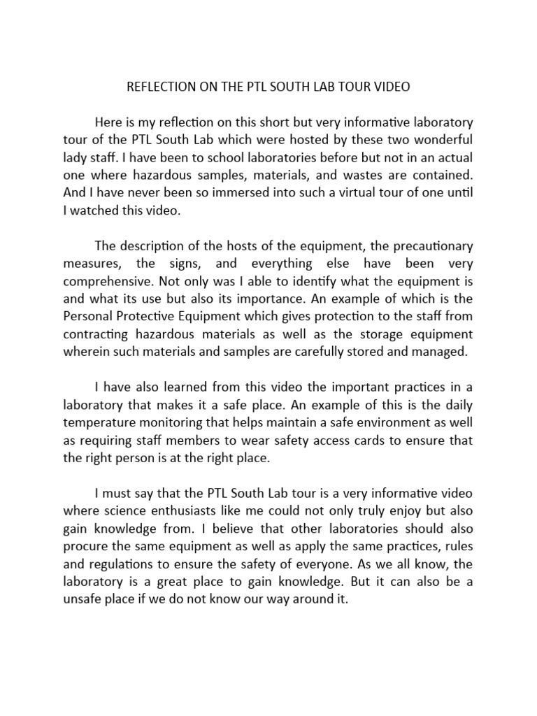 PTL South Lab Tour Reflection | PDF | Wellness