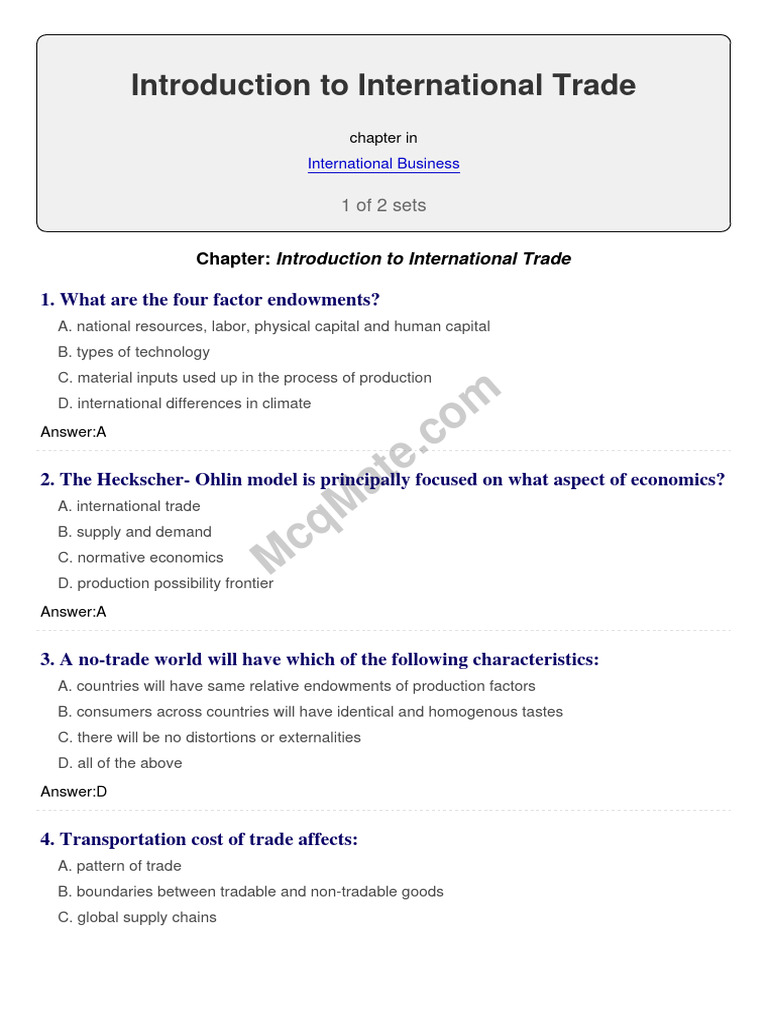 International Trade MCQs Guide | PDF | Exports | Economics