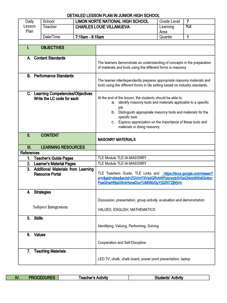 Junior High TLE Lesson Plan: Masonry | PDF | Brick | Masonry
