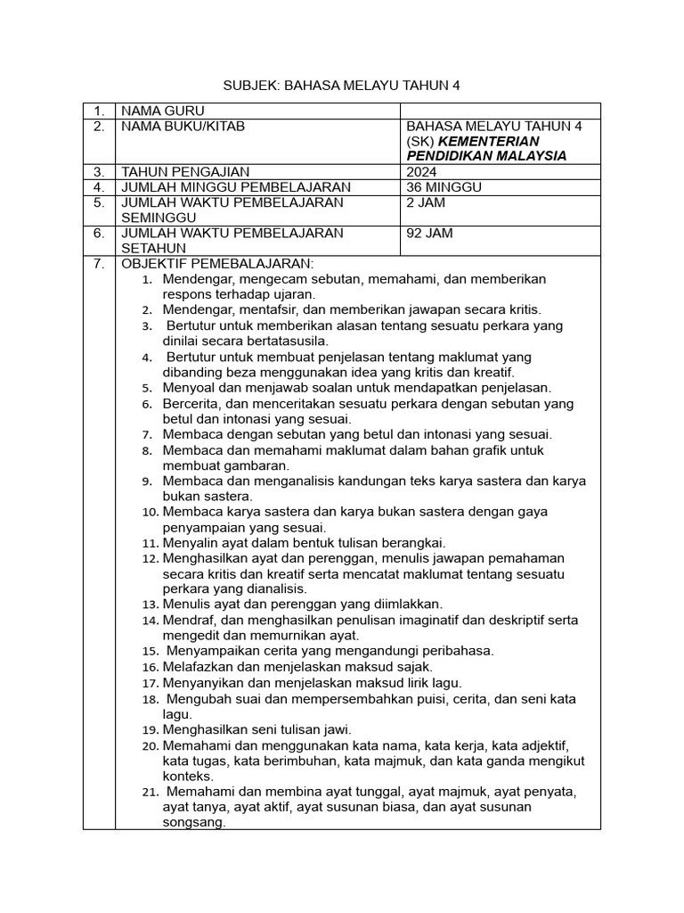 Rencana Pembelajaran Bahasa Melayu Tahun 4 | PDF | Seni & Disiplin Bahasa