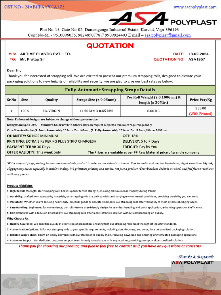 Quatation Aii Time Plastic Pvt. Ltd. | PDF | Packaging And Labeling