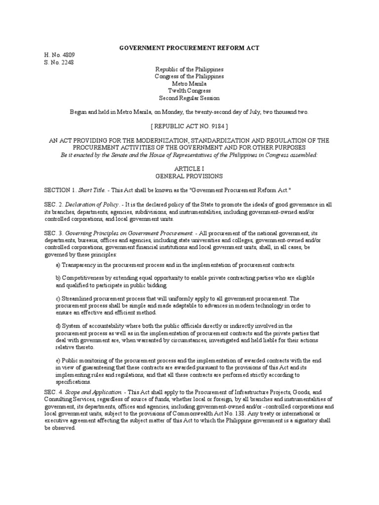 RA9184 Procurement Act. Procurement Construction Bidding