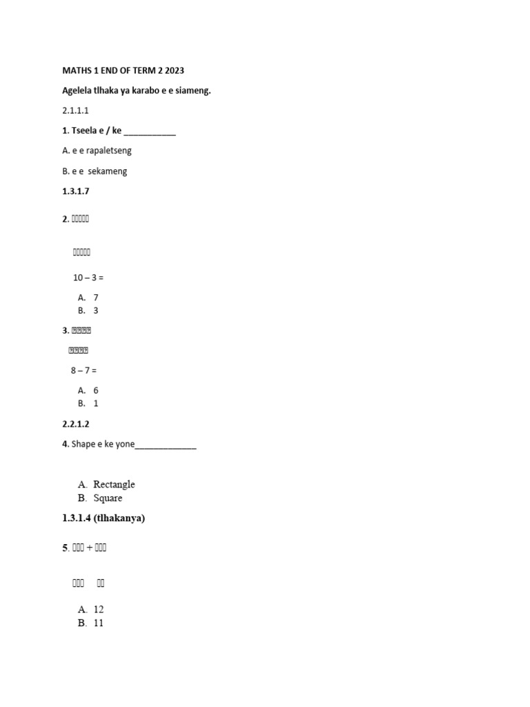 Maths 1 Term 2 2023 Exam Questions | PDF | Teaching Methods & Materials ...
