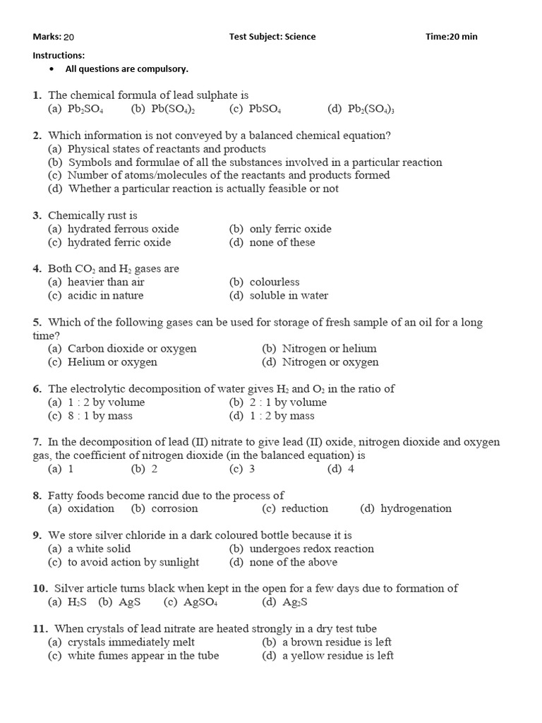 Chemical Reactions MCQ Test for Class 10 | PDF | Oxide | Chemical Reactions