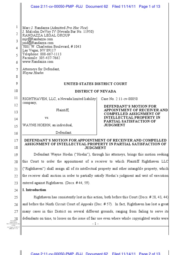 Defendant's Motion For Appointment of Receiver Judgment (Law) Trademark