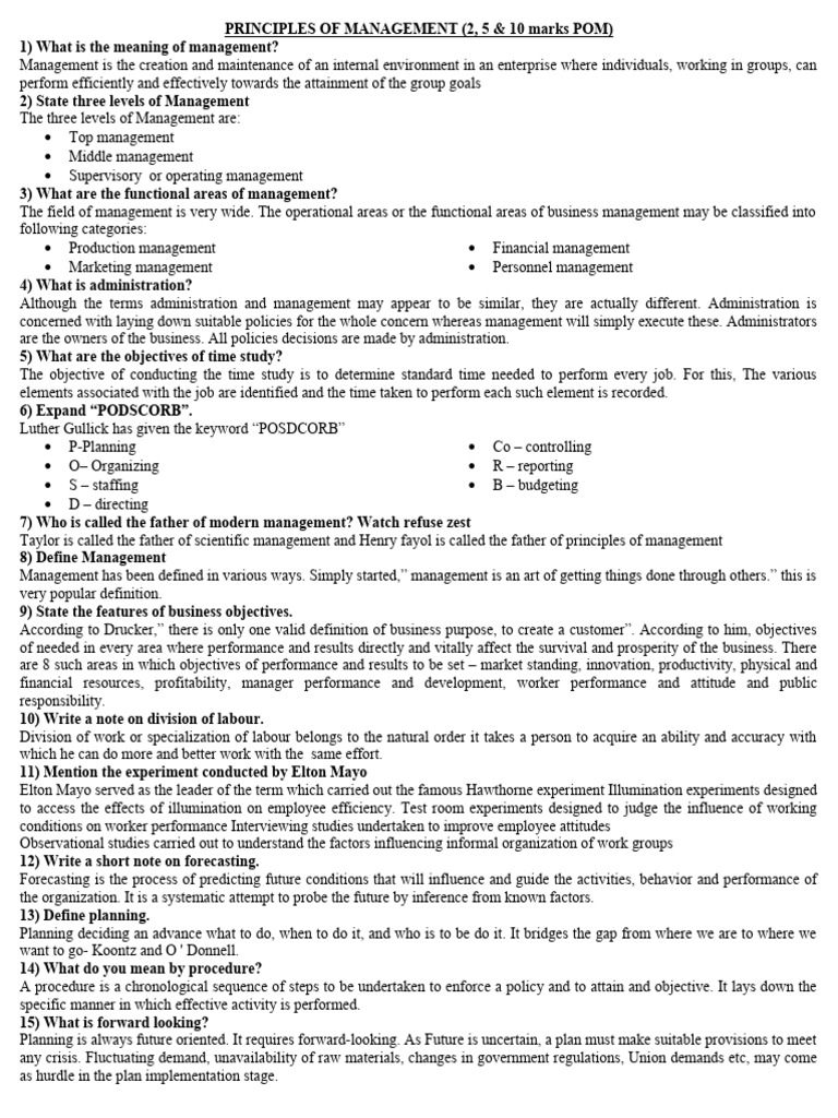 PRINCIPLES OF MANAGEMENT 2,5&10 Marks | PDF | Decision Making | Recruitment